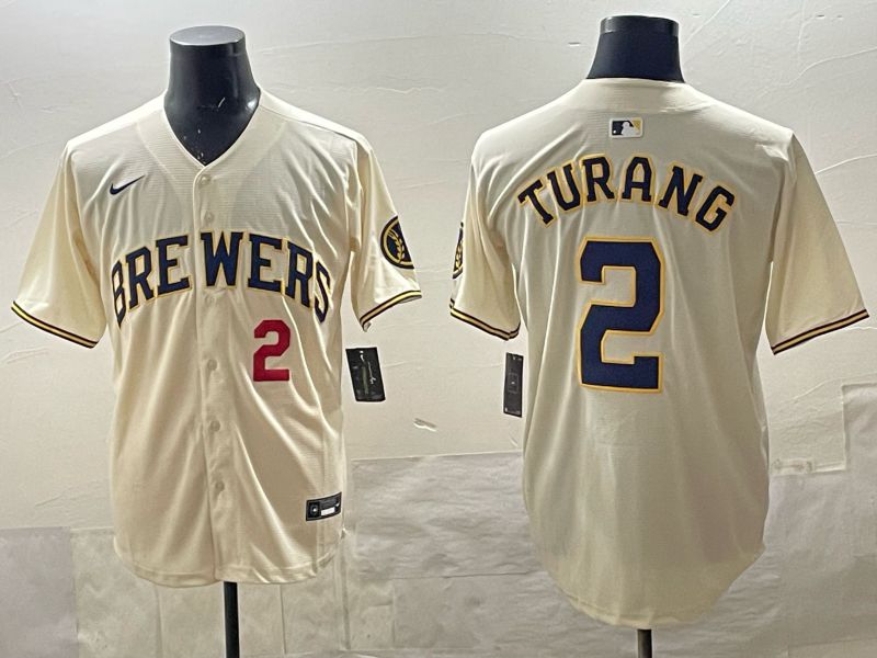 Men 2025 Milwaukee Brewers #2 Turang Cream 2025 Nike MLB Jersey 012